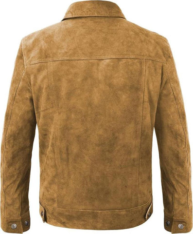 Vintage Trucker Suede Leather Jacket for Men | Classic Brown Genuine Suede Outerwear | Timeless Casual Streetwear Fashion Style