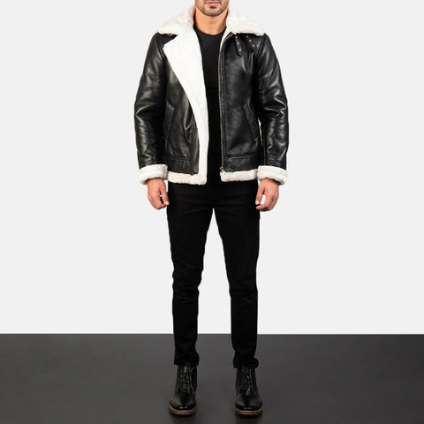 Men Black Shearling Leather Jacket Genuine Leather Aviator Jacket Winter Fur Lined Coat