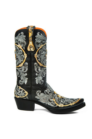 Men’s Black Skull Embossed High Cowboy Boots | Gothic Western Style