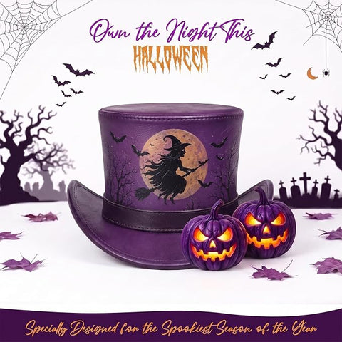 Purple Halloween Leather Top Hat – Spooky Flying Witch, Full Moon, and Bats Design for Costumes