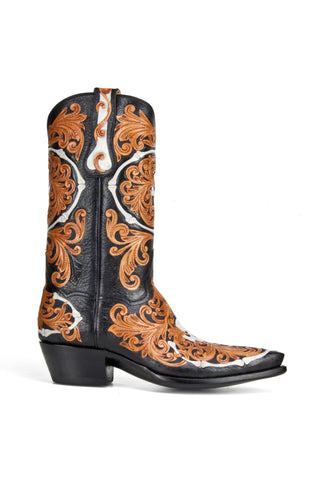 Men’s High Embroidery Cowboy Boots – Black & Tan Western Boots with Skull Detailing