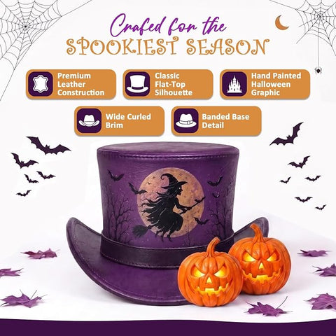Purple Halloween Leather Top Hat – Spooky Flying Witch, Full Moon, and Bats Design for Costumes