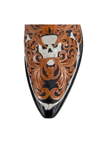 Men’s High Embroidery Cowboy Boots – Black & Tan Western Boots with Skull Detailing