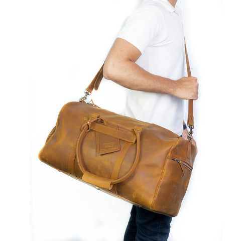 Vintage Tan Leather Weekender Duffel Bag – Premium Handcrafted Travel Holdall