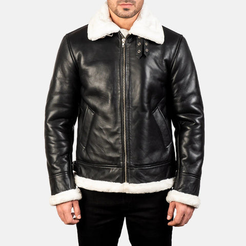 Men Black Shearling Leather Jacket Genuine Leather Aviator Jacket Winter Fur Lined Coat