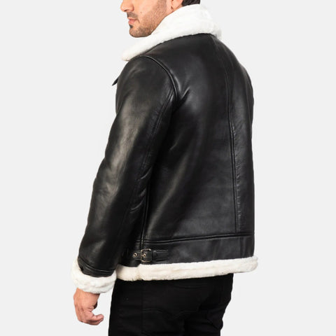 Men Black Shearling Leather Jacket Genuine Leather Aviator Jacket Winter Fur Lined Coat