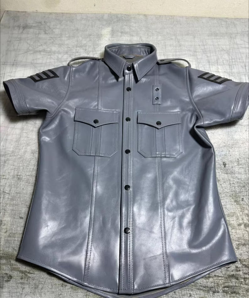 Men’s Genuine Leather Shirt | Police Inspired Streetwear, Bold Snap-Front Design, Vintage Rebel Style