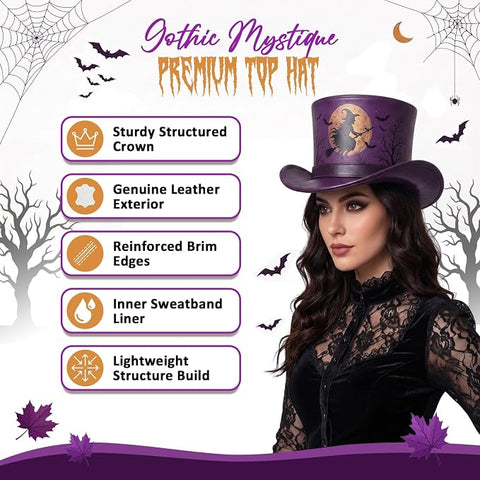 Purple Halloween Leather Top Hat – Spooky Flying Witch, Full Moon, and Bats Design for Costumes