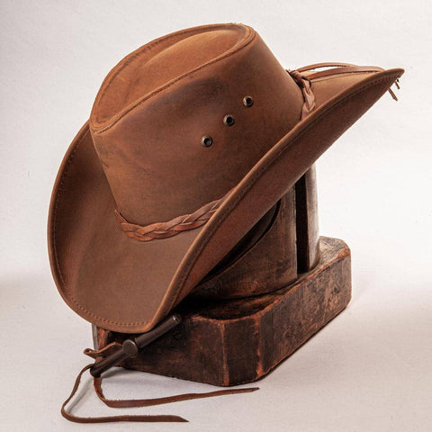 Men’s Leather Cowboy Hat – Classic Western Style with Ventilation & Adjustable Chin Cord