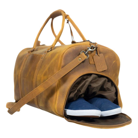 Vintage Tan Leather Weekender Duffel Bag – Premium Handcrafted Travel Holdall