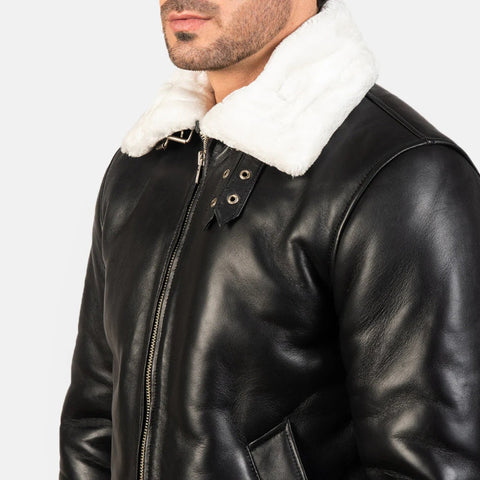 Men Black Shearling Leather Jacket Genuine Leather Aviator Jacket Winter Fur Lined Coat