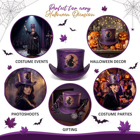 Purple Halloween Leather Top Hat – Spooky Flying Witch, Full Moon, and Bats Design for Costumes