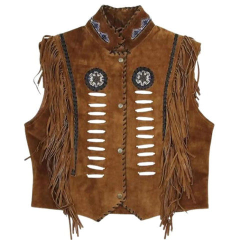 Handmade Suede Fringe Cowboy Vest | Beaded Western Leather Waistcoat | Vintage Rodeo Style Men’s Outerwear