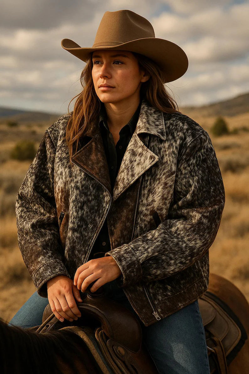 Women’s Genuine Cowhide Leather Jacket – Natural Hair-On Hide Western Ranch Style Biker Coat with Lapel Collar and Zipper Closure