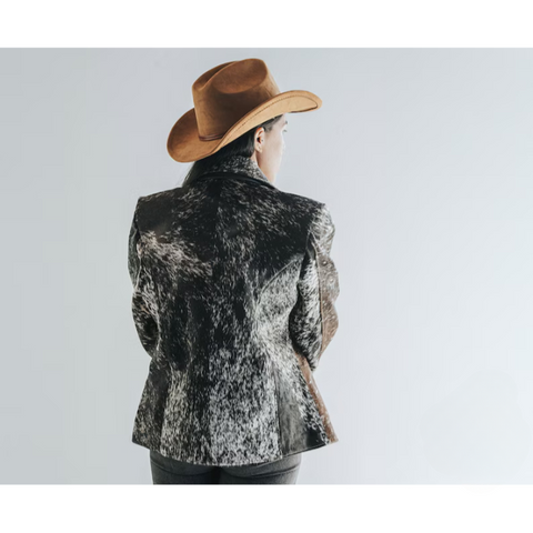 Women’s Genuine Cowhide Leather Jacket – Natural Hair-On Hide Western Ranch Style Biker Coat with Lapel Collar and Zipper Closure