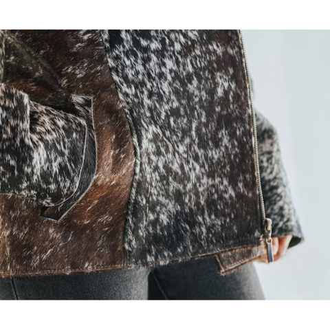 Women’s Genuine Cowhide Leather Jacket – Natural Hair-On Hide Western Ranch Style Biker Coat with Lapel Collar and Zipper Closure