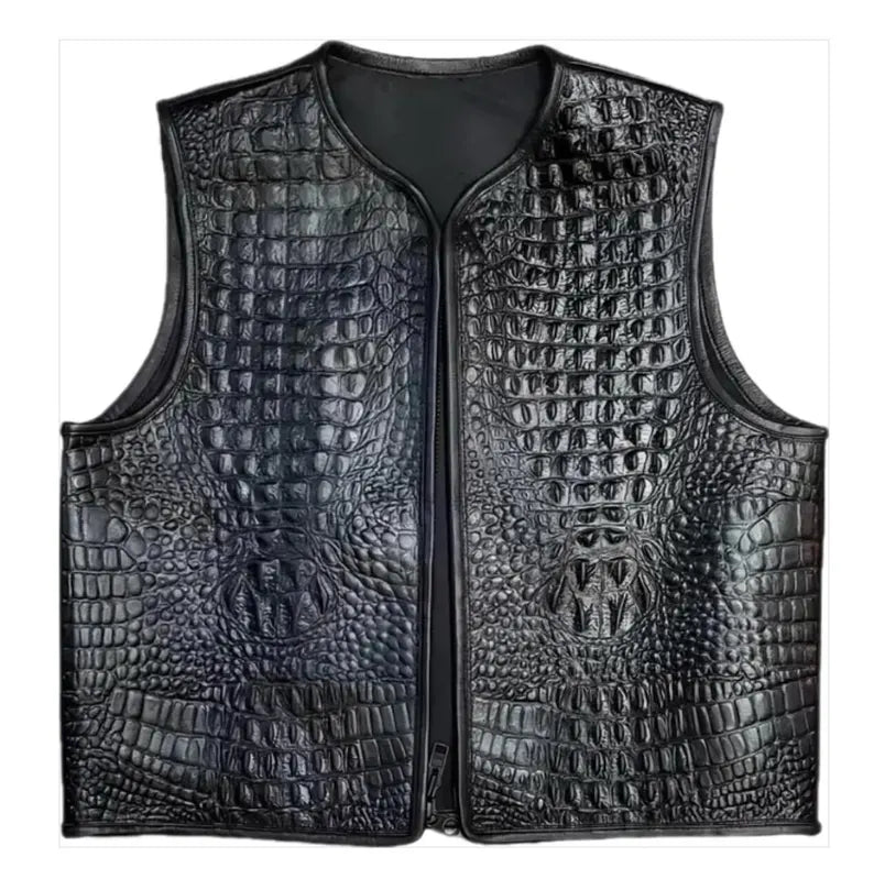 Men’s Motorcycle Vest – Handcrafted Gator Embossed Cowhide Leather | Crocodile Pattern Biker Waistcoat | Hand-Braided Crocodile Leather Vest