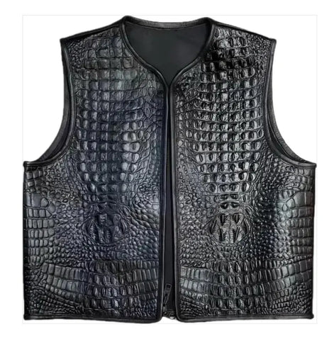 Men’s Motorcycle Vest – Handcrafted Gator Embossed Cowhide Leather | Crocodile Pattern Biker Waistcoat | Hand-Braided Crocodile Leather Vest