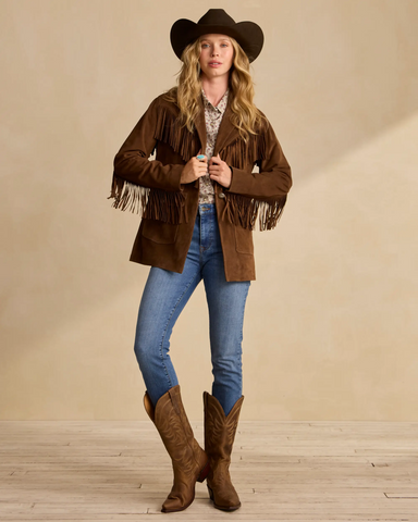 Women Real Suede Fringe Jacket Western Style Genuine Leather Cowgirl Jacket Vintage Boho Cowboy Coat