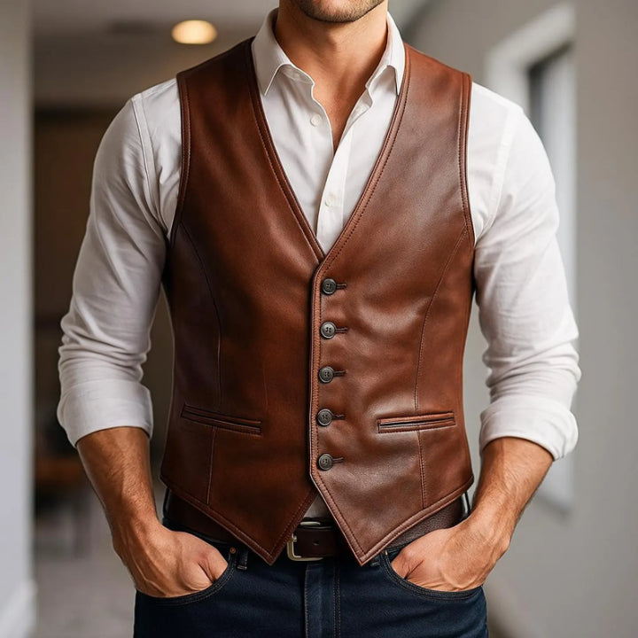 Men’s Brown Cowboy Leather Vest – Classic Western Waistcoat | Handmade Country Style