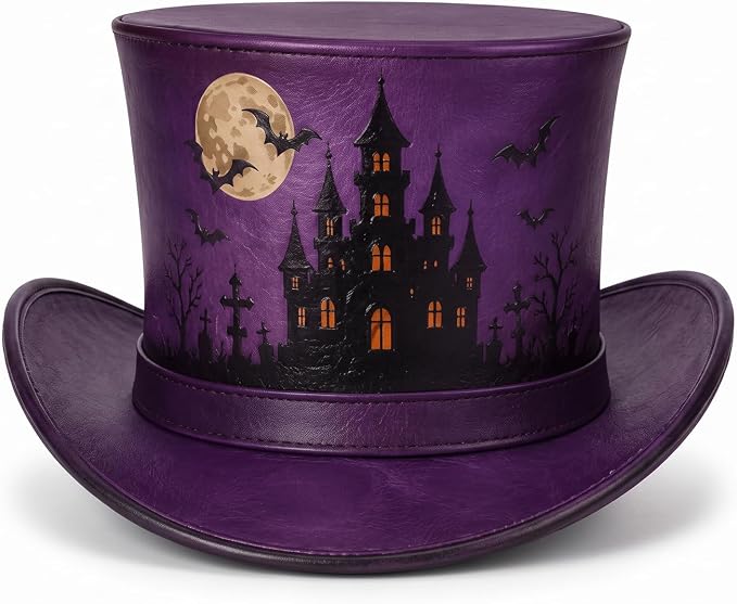 Purple Halloween Leather Top Hat – Spooky Haunted Castle, Moon & Bats Costume Hat