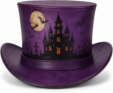 Purple Halloween Leather Top Hat – Spooky Haunted Castle, Moon & Bats Costume Hat