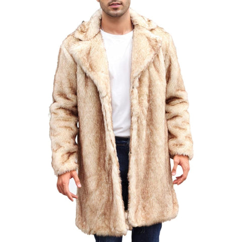 Men's Beige Faux Fur Long Coat | Warm Winter Overcoat Jacket