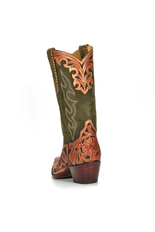Men’s Olive High Cowboy Boots – Tooled Pigsuede with Buck & Whip Stitch Detailing