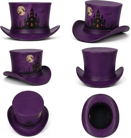Purple Halloween Leather Top Hat – Spooky Haunted Castle, Moon & Bats Costume Hat