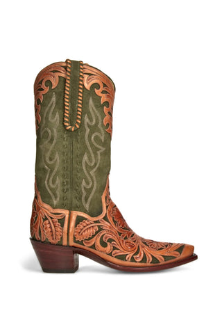 Men’s Olive High Cowboy Boots – Tooled Pigsuede with Buck & Whip Stitch Detailing