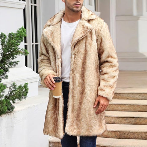 Men's Beige Faux Fur Long Coat | Warm Winter Overcoat Jacket