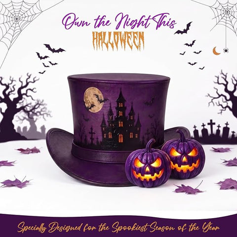 Purple Halloween Leather Top Hat – Spooky Haunted Castle, Moon & Bats Costume Hat