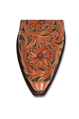 Men’s Olive High Cowboy Boots – Tooled Pigsuede with Buck & Whip Stitch Detailing