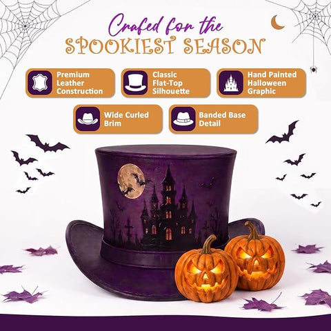 Purple Halloween Leather Top Hat – Spooky Haunted Castle, Moon & Bats Costume Hat