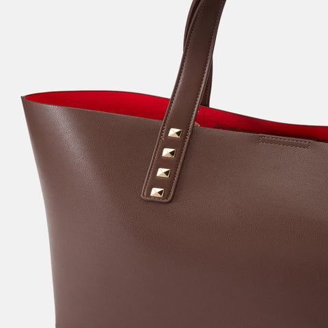 Women Real Leather Tote Bag Brown Luxury Shoulder Handbag Large Capacity Studded Elegant Work Purse
