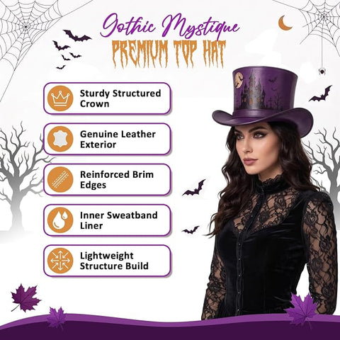 Purple Halloween Leather Top Hat – Spooky Haunted Castle, Moon & Bats Costume Hat