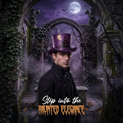 Purple Halloween Leather Top Hat – Spooky Haunted Castle, Moon & Bats Costume Hat