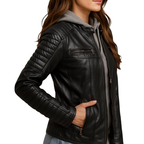 Women Black Leather Jacket with Quilted Sleeves | Motorcycle Bomber Style Jacket for Women | Leather Biker Jacket with Removable Hood