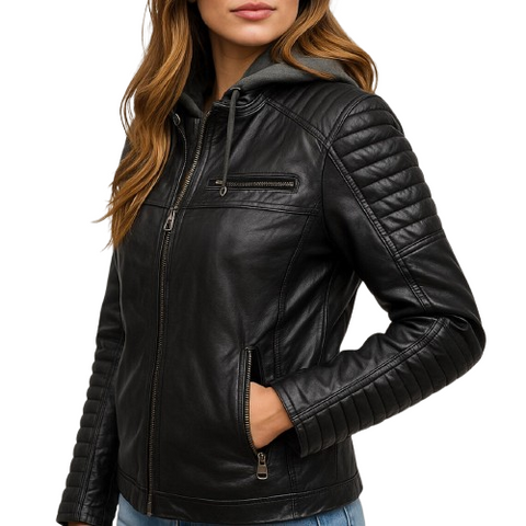 Women Black Leather Jacket with Quilted Sleeves | Motorcycle Bomber Style Jacket for Women | Leather Biker Jacket with Removable Hood