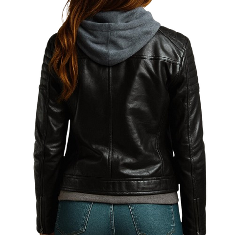 Women Black Leather Jacket with Quilted Sleeves | Motorcycle Bomber Style Jacket for Women | Leather Biker Jacket with Removable Hood
