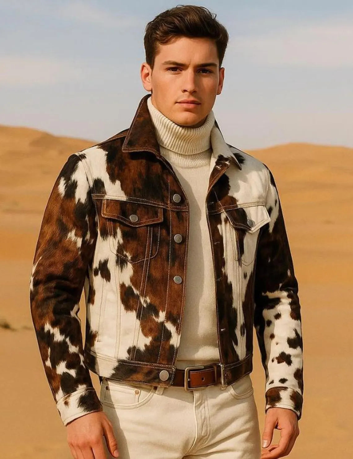 Men’s Real Cowhide Hair-On Leather Jacket – Western Brown & White Cow Print Coat – Handmade Pony Hide Cowboy Outerwear