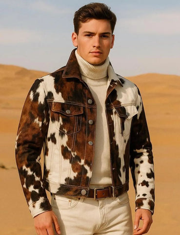 Men’s Real Cowhide Hair-On Leather Jacket – Western Brown & White Cow Print Coat – Handmade Pony Hide Cowboy Outerwear