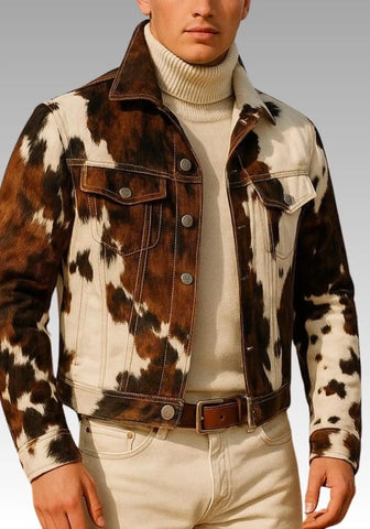 Men’s Real Cowhide Hair-On Leather Jacket – Western Brown & White Cow Print Coat – Handmade Pony Hide Cowboy Outerwear
