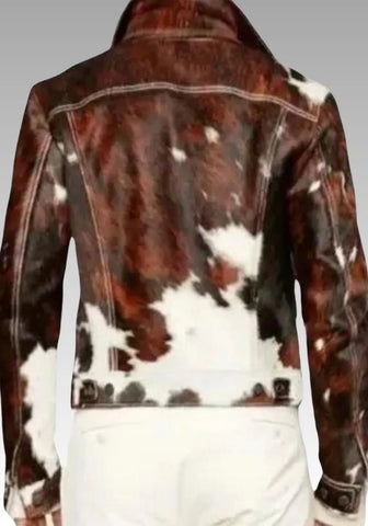 Men’s Real Cowhide Hair-On Leather Jacket – Western Brown & White Cow Print Coat – Handmade Pony Hide Cowboy Outerwear