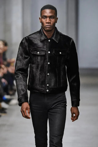 Men’s Black Cowhide Hair-On Hide Leather Jacket – Handmade Genuine Western Style Custom Fashion Coat with Button Front and Flap Pockets