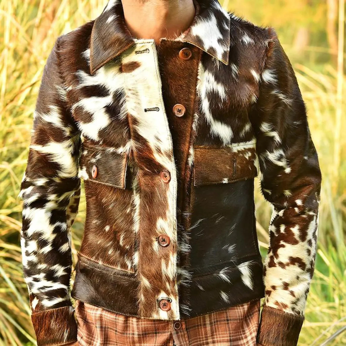 Men’s Genuine Cowhide Leather Jacket – Handmade Brown & White Hair-On Hide Western Style Button-Up Coat with Unique Natural Patterns