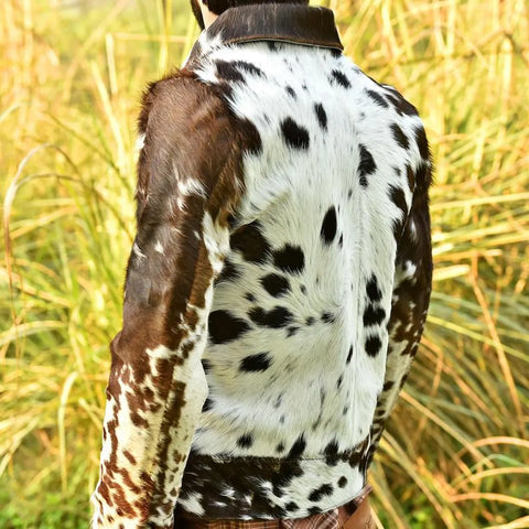 Men’s Genuine Cowhide Leather Jacket – Handmade Brown & White Hair-On Hide Western Style Button-Up Coat with Unique Natural Patterns