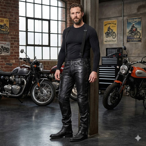 Men's Black Leather Laced Motorcycle Trousers with Braces & Side Lacing