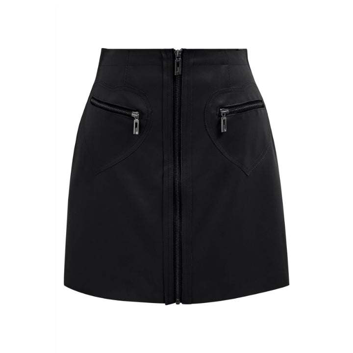 Black Leather Mini Skirt – Full Front Zipper & Decorative Pocket Zippers