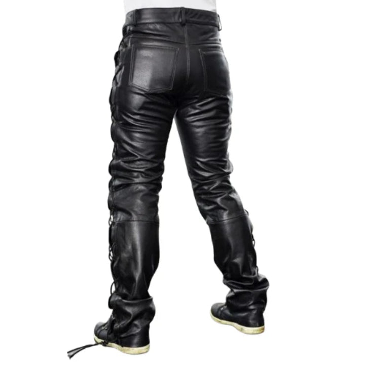 Men's Black Leather Motorcycle Lace-Up Trousers – Genuine Cowhide Biker Riding Pants